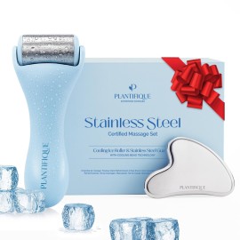 PLANTIFIQUE Facial Ice Roller and Stainless Steel Gua Sha Set - Cryotherapy Skin Care Massage Tools - Metal Massager Set for Puffy Face, Under Eyes and Body