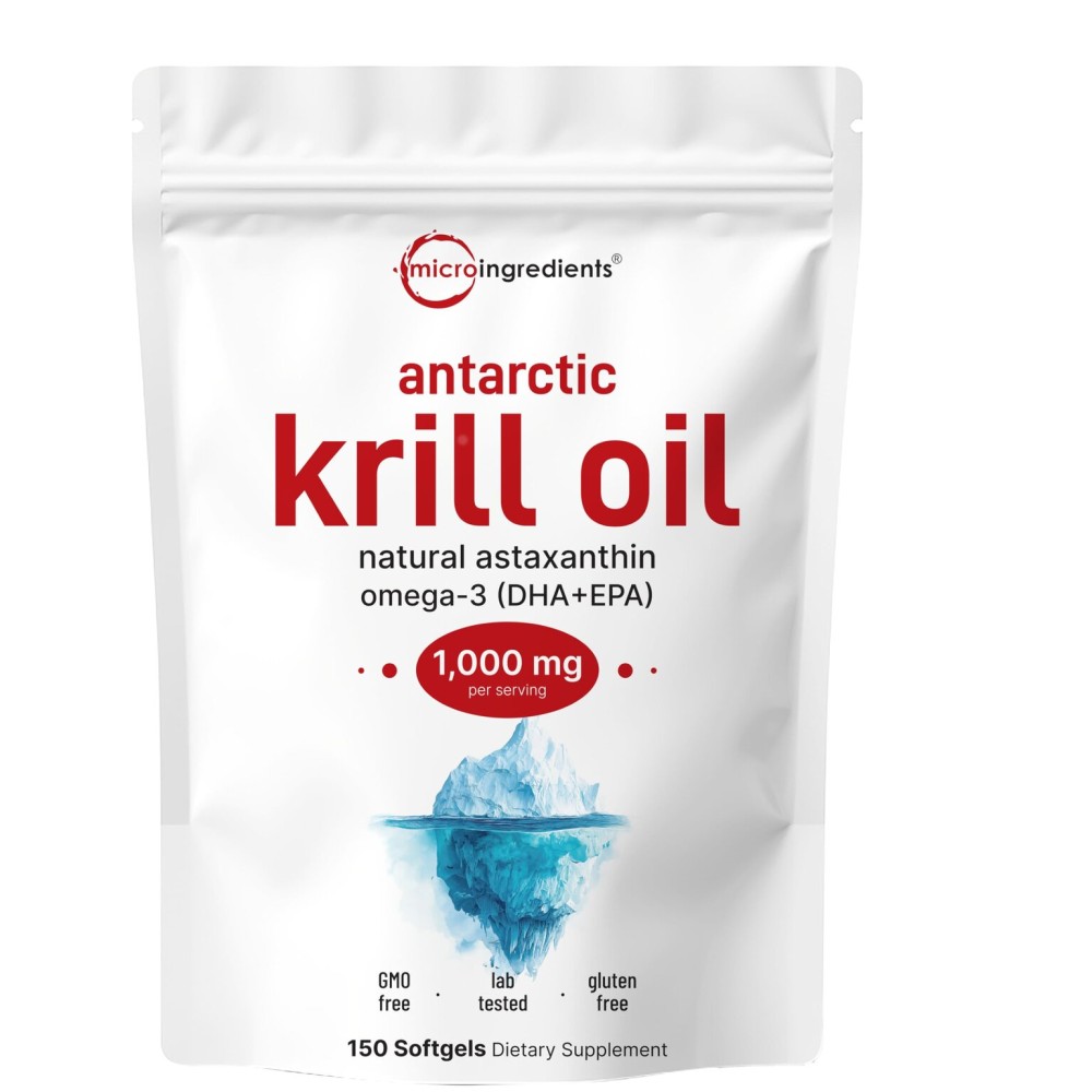Micro Ingredients Antarctic Krill Oil Supplement with Natural Astaxanthin, 1000mg Per Serving, 150 Soft-Gels, Rich in Omega-3s EPA & DHA, Supports Immune System & Brain Health, Easy to Swallow