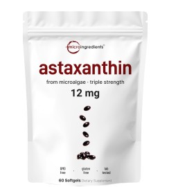 Micro Ingredients Astaxanthin 12mg, 60 Softgels | Premium Astaxanthin Antioxidant Supplements* | Fresh Microalgae Source | Triple Strength, Easy to Swallow, Non-GMO, Soy Free