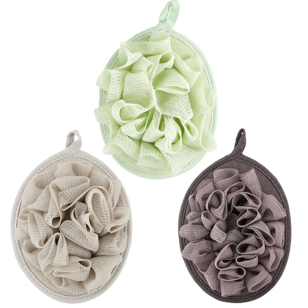 Boao 3 Pcs Bath Shower Pouf Sponge Mesh Pouf Shower Ball Exfoliating Body Sponge Pad Scrubber Glove with Flower Bath Ball (Green,Khaki,Dark Brown)
