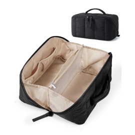 BAGSMART Travel Makeup Bag for Women, Portable Water-resistant Cosmetic Case, Puffy Padded Make Up Organizer Pouch, Open Flat Toiletry Bag for Toiletries, Brushes, Black