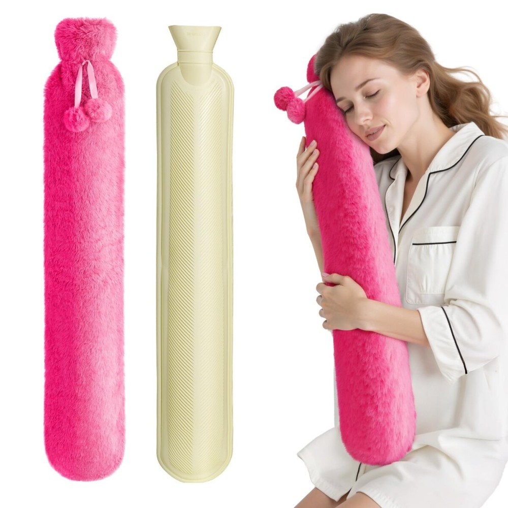 Hot Water Bottle with Cover, 2L Rubber Hot Water Bag with Soft Cover (2 Liter), for Cramps, Compress Pain Relief, Removable Hot Cold Pack (Rose Red)