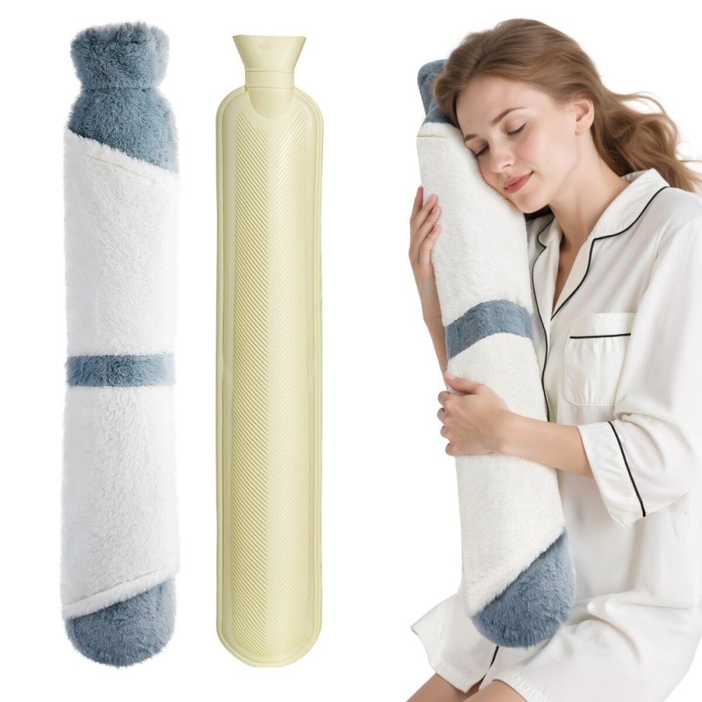 Hot Water Bottle with Cover, 2L Rubber Hot Water Bag with Soft Cover (2 Liter), for Cramps, Compress Pain Relief, Removable Hot Cold Pack (Elegant Gray+White)