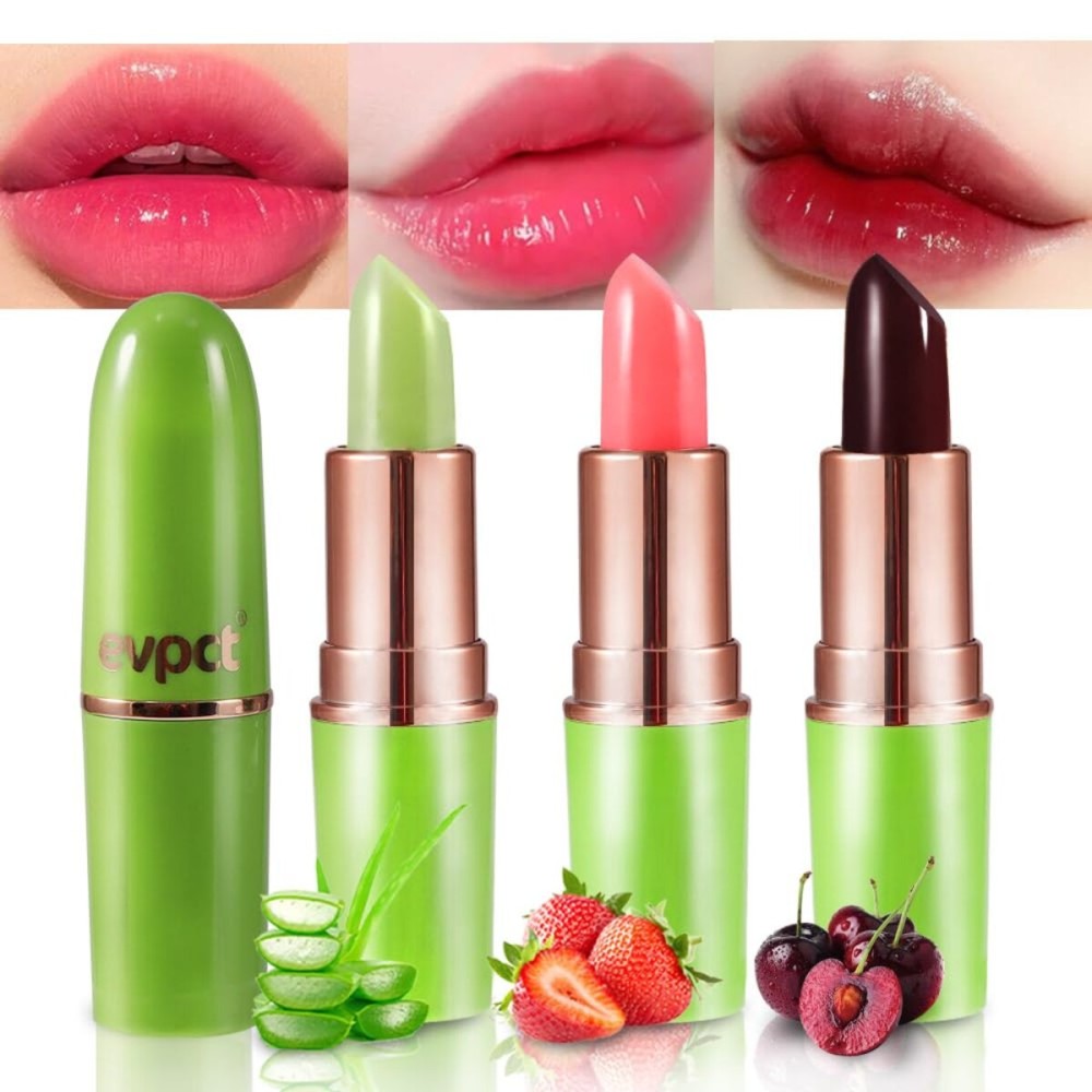 evpct 3Pcs Magic Color Changing Lipstick 24 Hours Original for Women Lasting Waterproof, Aloe Vera Strawberry Black Red Cherry PH Mood Permanent Hardpointing color changing Lipstick Tinted Lip balms