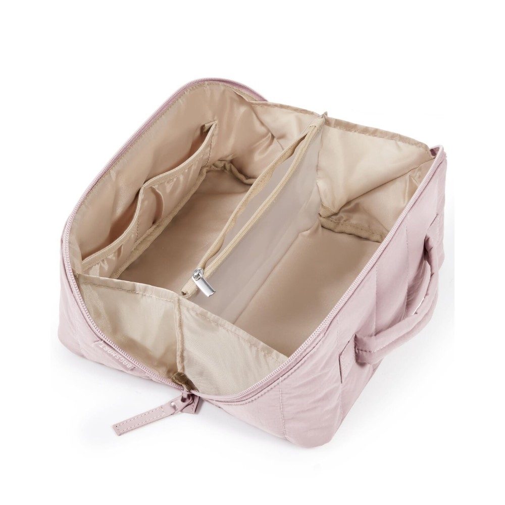 BAGSMART Travel Makeup Bag for Women, Portable Water-resistant Cosmetic Case, Puffy Padded Make Up Organizer Pouch, Open Flat Toiletry Bag for Toiletries, Brushes, Pink