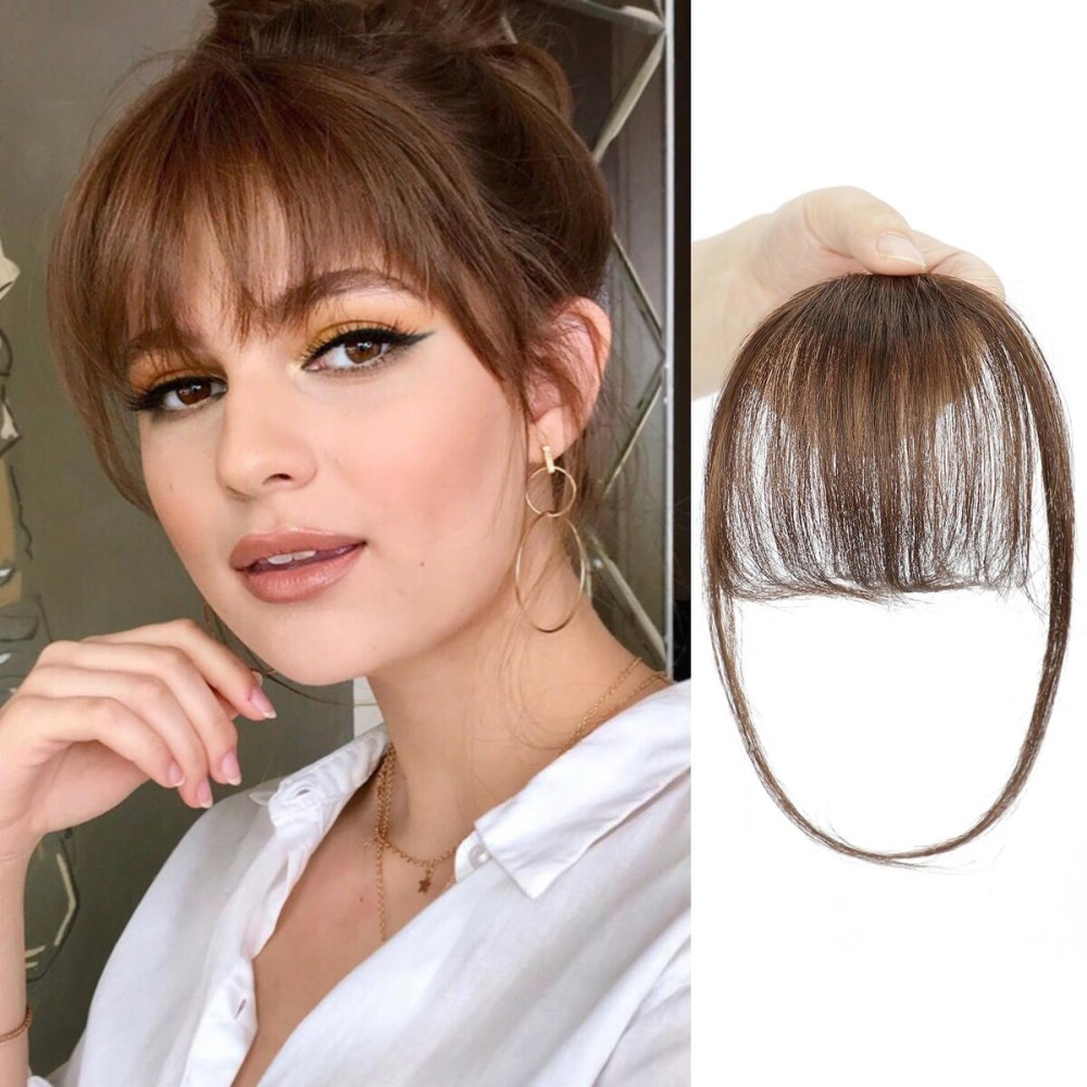 BOGSEA Bnags Hair Clip- Medium Brown Fake Bangs 100% Real Human Hair Extensions Wispy Bangs for Women Fringe with Temples Hairpieces Curved Bangs for Daily WearMedium Brown Wispy Bangs
