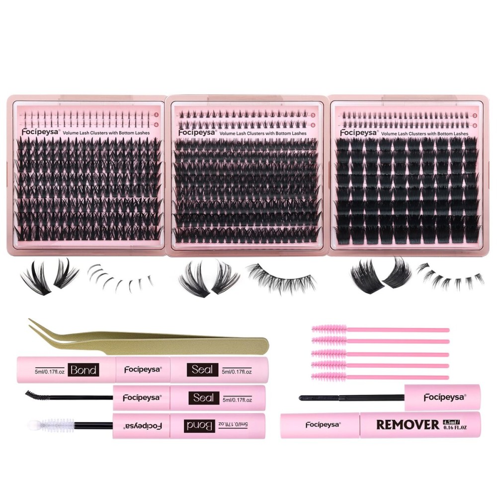 Focipeysa Thick Volume Lash Clusters 3 Style Eyelash Extensions Kit with Waterproof Lash Bond and Seal DIY Lash Extension Salon-like Dramatic Cluster Eyelash Extensions 504pcs Lash Pack