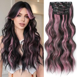 ALXNAN Clip in Long Wavy Synthetic Hair Extension 20 Inch Black Mix Pink Highlights 4PCS Thick Hairpieces Fiber Double Weft Hair for Women