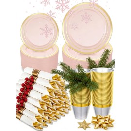 350PCS Pink Plastic Dinnerware Set, Disposable Party Plates for 50 Guests, Include: 100 Pink and Gold Plastic Plates, 50 Pre Rolled Napkins with Gold Silverware, 50 Cups for Wedding, Christmas
