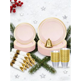 175PCS Pink Plastic Dinnerware Set, Disposable Party Plates for 25 Guests, Include: 50 Pink and Gold Plastic Plates, 25 Pre Rolled Napkins with Gold Silverware, 25 Cups for Wedding, Christmas