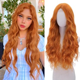 Orange Wig-Long Orange Wavy Wigs for Women Natural Curly Synthetic Wig Heat Resistant Fiber Wigs for Daily Party Use