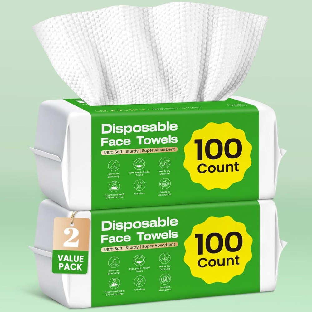 Elvira 200 Count (2 Pack) Disposable Face Towels, Biodegradable Facial Cleansing Towels, Ultra Soft & Thick Cloth for Sensitive Skin, Makeup Remover Dry Wipes, Lint-Free Towelettes for Cleansing