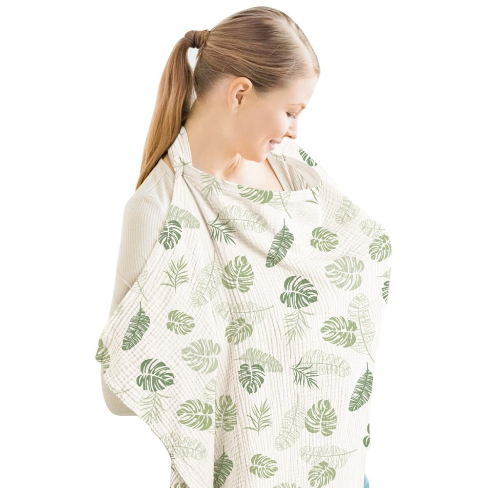 Konssy Muslin Nursing Cover for Baby Breastfeeding, Breathable 100% Cotton Breastfeeding Cover with Rigid Hoop for Mother Nursing Apron, Multi-use Carseat Canopy (Palm Paradise)