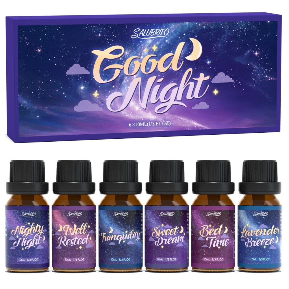 SALUBRITO Good Night Fragrance Oils, Premium Essential Oil Set for Diffuser, Soap, Candle Making scents, Nighty Night, Well Rested, Tranquility, Sweet Dream, Bed Time, Lavender Breeze