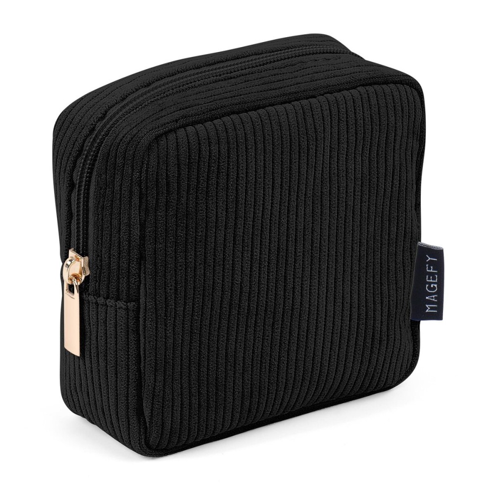 MAGEFY Small Makeup Bag for Purse Mini Cosmetics Bag Corduroy Cute Cosmetic Pouch for Women with Slip-in Pockets-Black