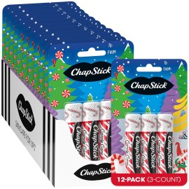 ChapStick Bulk Lip Balm, Candy Cane, 36-Count (12 Packs of 3) - Fresh & Minty Lip Moisturizer, Stocking Stuffer, 0.15 Oz Ea