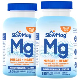SlowMag Muscle & Heart Magnesium Chloride Supplement with Calcium, 180 Count, Supports Muscle Relaxation, Heart, Nerve & Bone Health, High Absorption (Pack of 2)