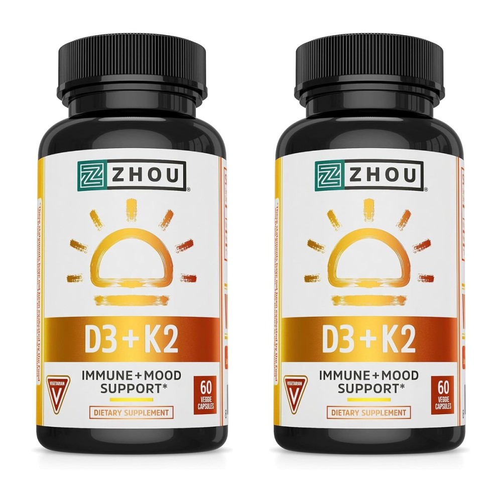 ZHOU D3+K2 - Vitamin D3 K2 Supplement for Women & Men, Immune Support VIT D3 and K2 Supplements, Pure Vegetarian Formula with 5000 IU of VIT D and MK-7-60 Veggie Capsules (Pack of 2)