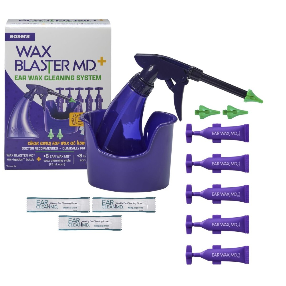 eosera WAX BLASTER MD+ Cleaning Kit - Earwax Dissolver for Adults & Kids - Fast Acting, Doctor Recommended, Clinically Proven - Complete Irrigation Kit with 3 Ear Clean MD Packets & 5-ct Single Use Ear Wax MD Vials - Works in 15 Minutes