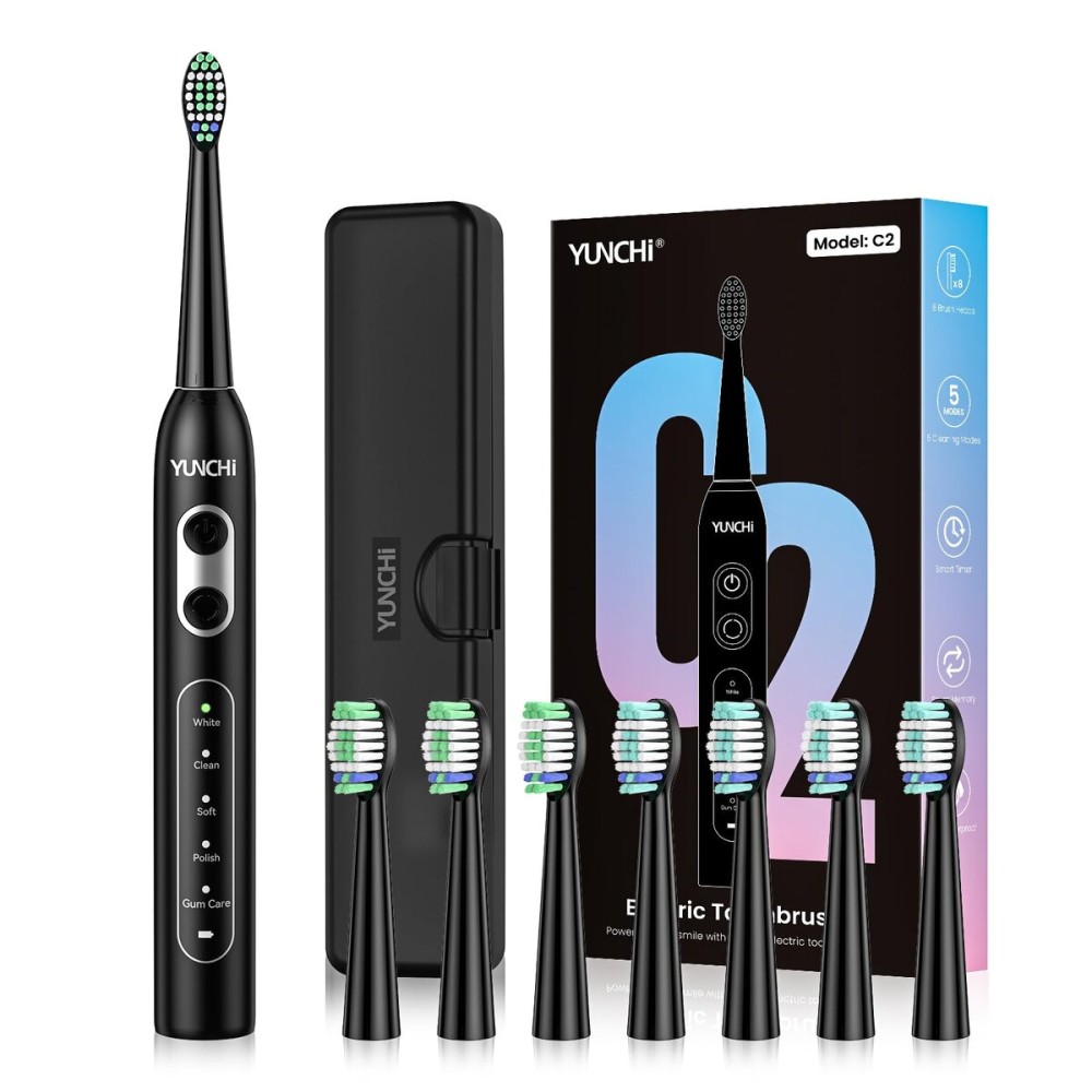 YUNCHI Electric Toothbrush for Adults and Kids, Sonic Rechargeable Toothbrushes with 8 Brush Heads, 1 Travel Case, 90 Days, 2 Min Timer, IPX7 Waterproof, 5 Modes, Type-C, 40000 VPM Motor, Black