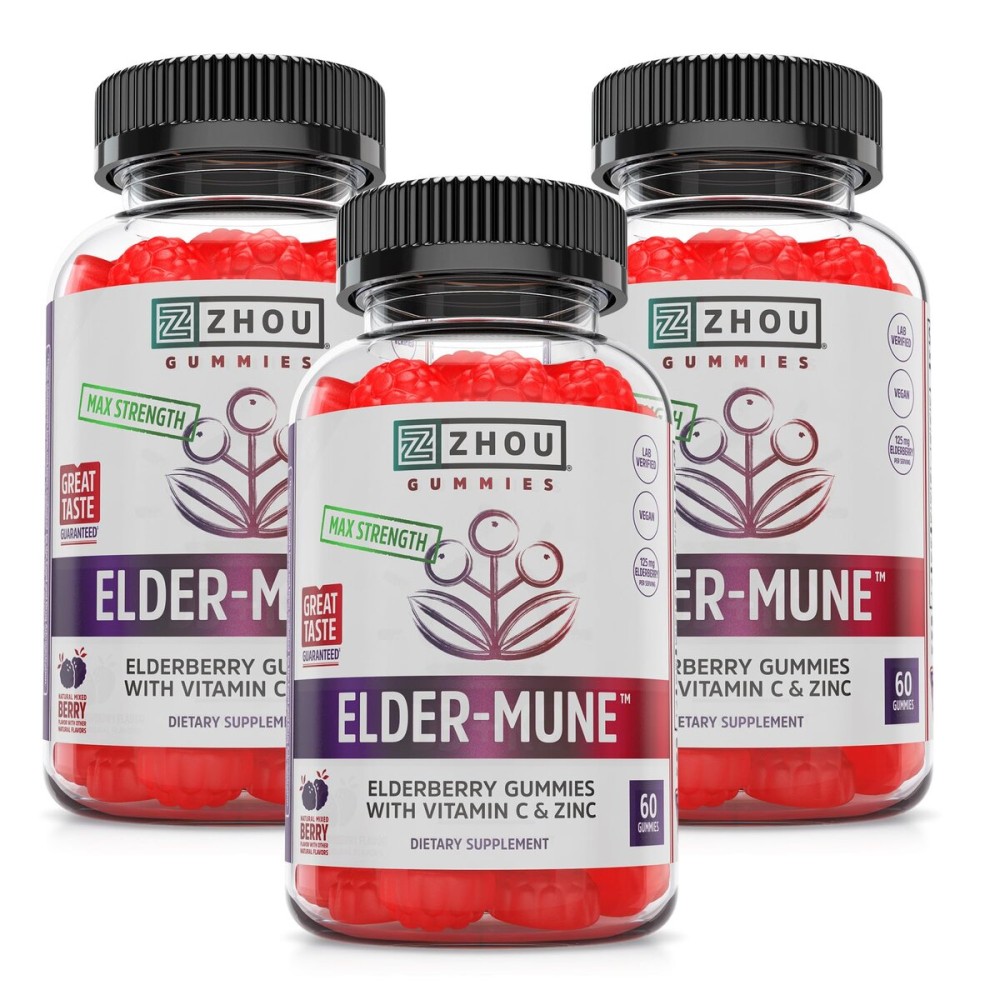 ZHOU Elder-Mune Elderberry Gummies - Black Elderberry Vitamin C, & Zinc, Daily Immune Support Supplement for Women & Men, Natural Chews for Adults & Children 4 & Up - 60 Gummies (3 Pack)