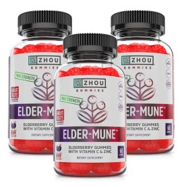 ZHOU Elder-Mune Elderberry Gummies - Black Elderberry Vitamin C, & Zinc, Daily Immune Support Supplement for Women & Men, Natural Chews for Adults & Children 4 & Up - 60 Gummies (3 Pack)