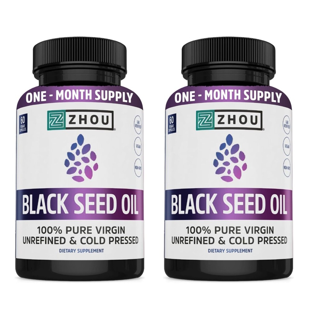 ZHOU Black Seed Oil Capsules - Black Cumin Seed Oil Cold Pressed, Nigella Sativa, Pure Unrefined Blackseed, Premium Supplement for Health, Hair & Skin w/Thymoquinone - 60 Capsules (Pack of 2)