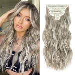 FLIACE Hair Extensions Clip ins, 6 PCS Wavy Extensions, Light Gray&Ash Blonde&Light Brown Thick Hair, Blends Well Hair Extensions (24Inch, 6PCS, Ash Blonde)