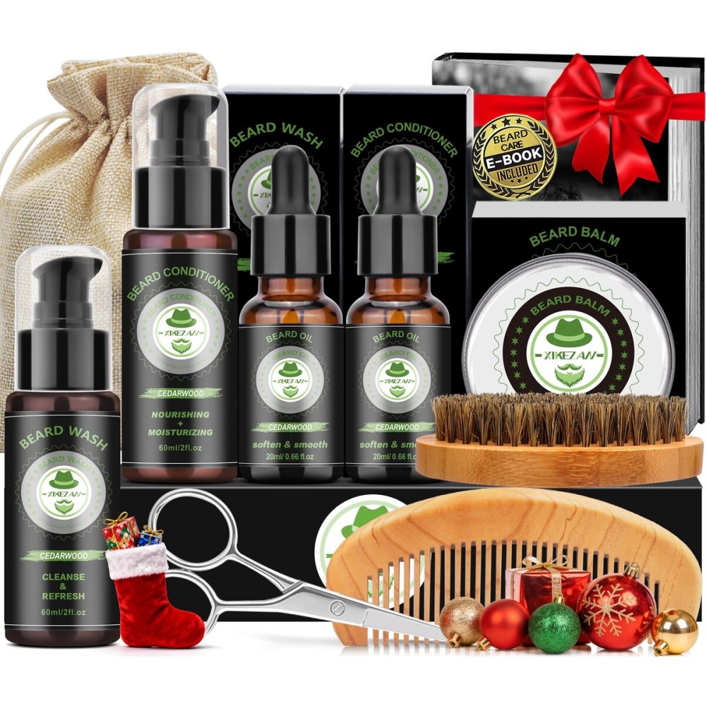 Dad Husband Christmas Gifts,XIKEZAN Beard Kit for Men Grooming with Cedarwood Wash,Conditioner,Oil,Balm,Brush,Comb,Scissors,Anniversary Valentines Birthday Fathers Gift Ideas for Men Grandpa Boyfriend