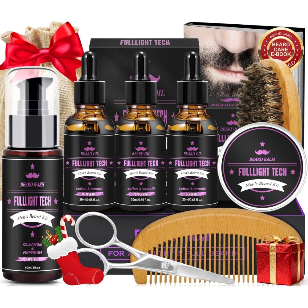 Boyfriend Birthday Gifts,Beard Care Kit Includes 3 Scented Beard Oil,Grapefruit Beard Shampoo & Balm, Brush, Comb,Scissors,Cool Men Stuff Christmas Stocking Stuffers Gifts for Men Him Dad Husband