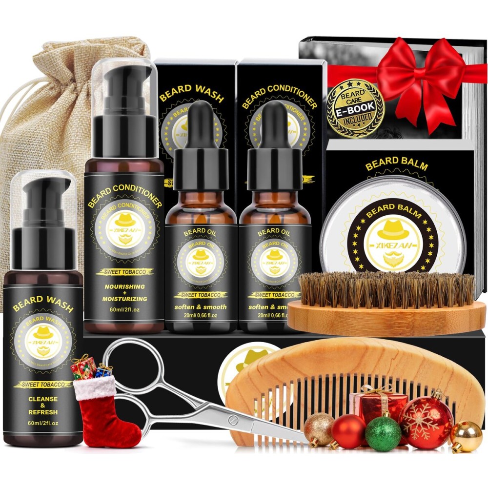 XIKEZAN Gifts for Men, Beard Kit for Mens Care & Grooming with Sweet Tobacco Beard Oils,Wash,Conditioner,Balm,Brush,Comb,Scissors,Cool Birthday Valentines Fathers Christmas Gifts for Men Him Husband