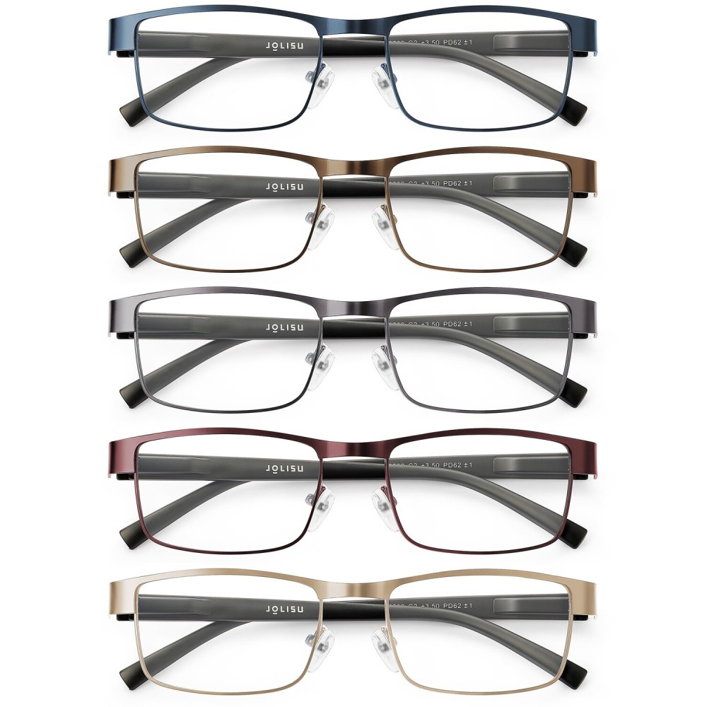 JOLISU 5PCS Reading Glasses Men - Blue Light Blocking Computer Metal Thin Frame Readers For Mens/Women3.75