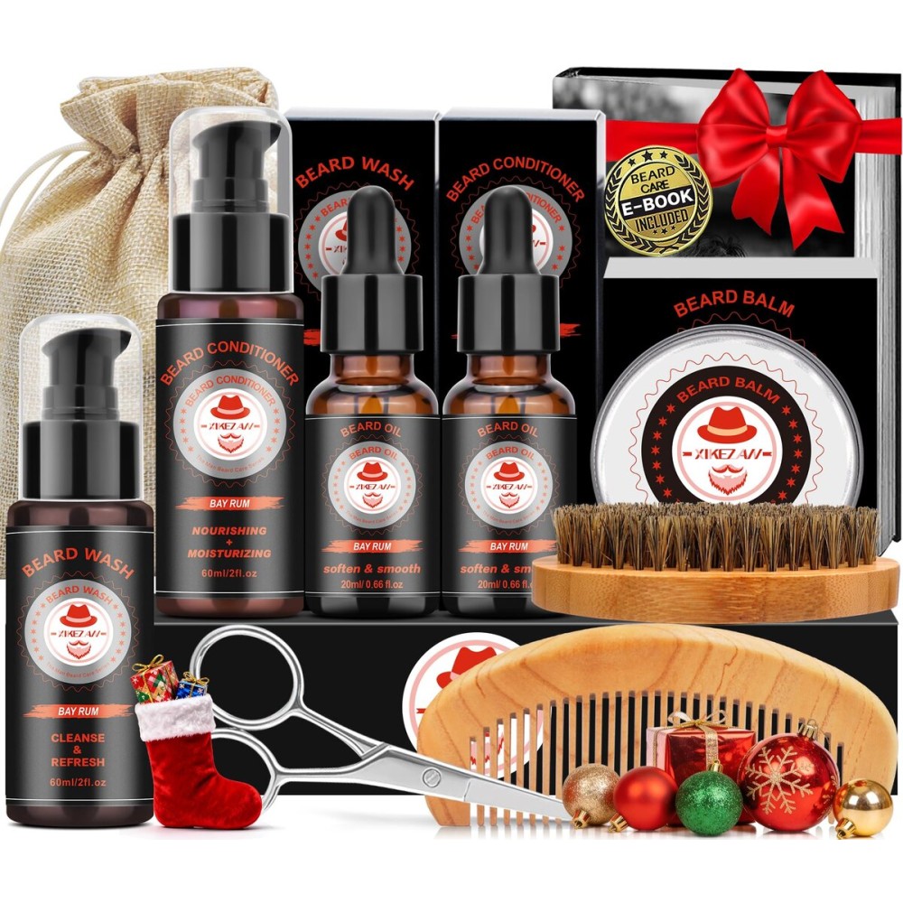 XIKEZAN Dad Birthday Gifts, Beard Care Kit with Bay Rum Beard Oils,Balm,Wash, Conditioner,Brush,Comb,Scissors,Valentines Fathers Mens Christmas Stocking Stuffers Gifts for Men Him Husband Boyfriend