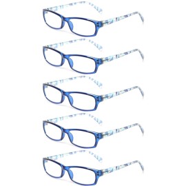 Kerecsen Reading Glasses 5 Pairs Fashion Ladies Readers Spring Hinge with Pattern Print Eyeglasses for Women (Blue, 2.75)