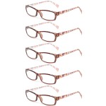 Kerecsen Reading Glasses 5 Pairs Fashion Ladies Readers Spring Hinge with Pattern Print Eyeglasses for Women (5 Brown, 1.5, x)