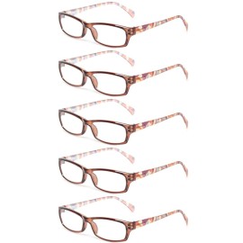 Kerecsen Reading Glasses 5 Pairs Fashion Ladies Readers Spring Hinge with Pattern Print Eyeglasses for Women (5 Brown, 1.5, x)