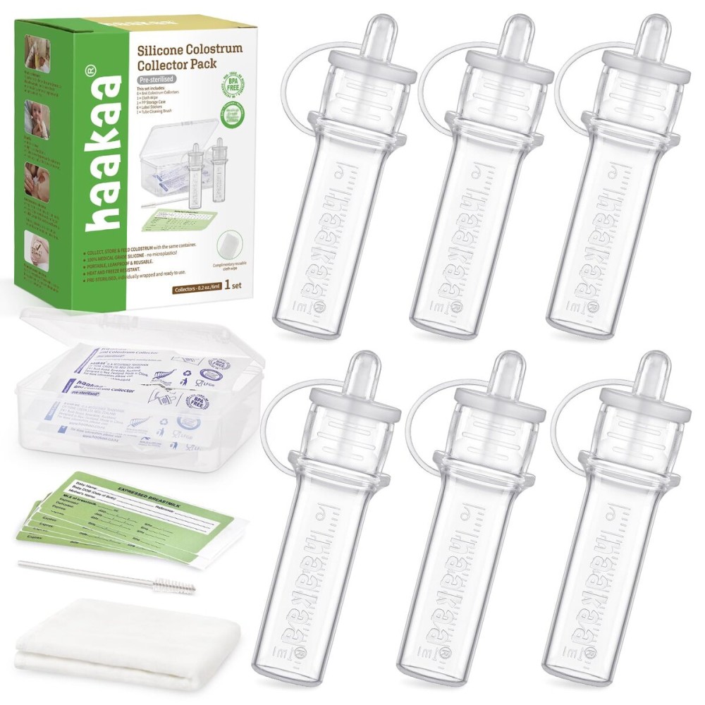 haakaa Colostrum Collectors 6ml/6pcs Pack - Collect, Store & Feed Colostrum in One, Ready-to-Use Individually Wrapped, Reusable & Leakproof, Include Cloth Wipe and Cleaning Brush