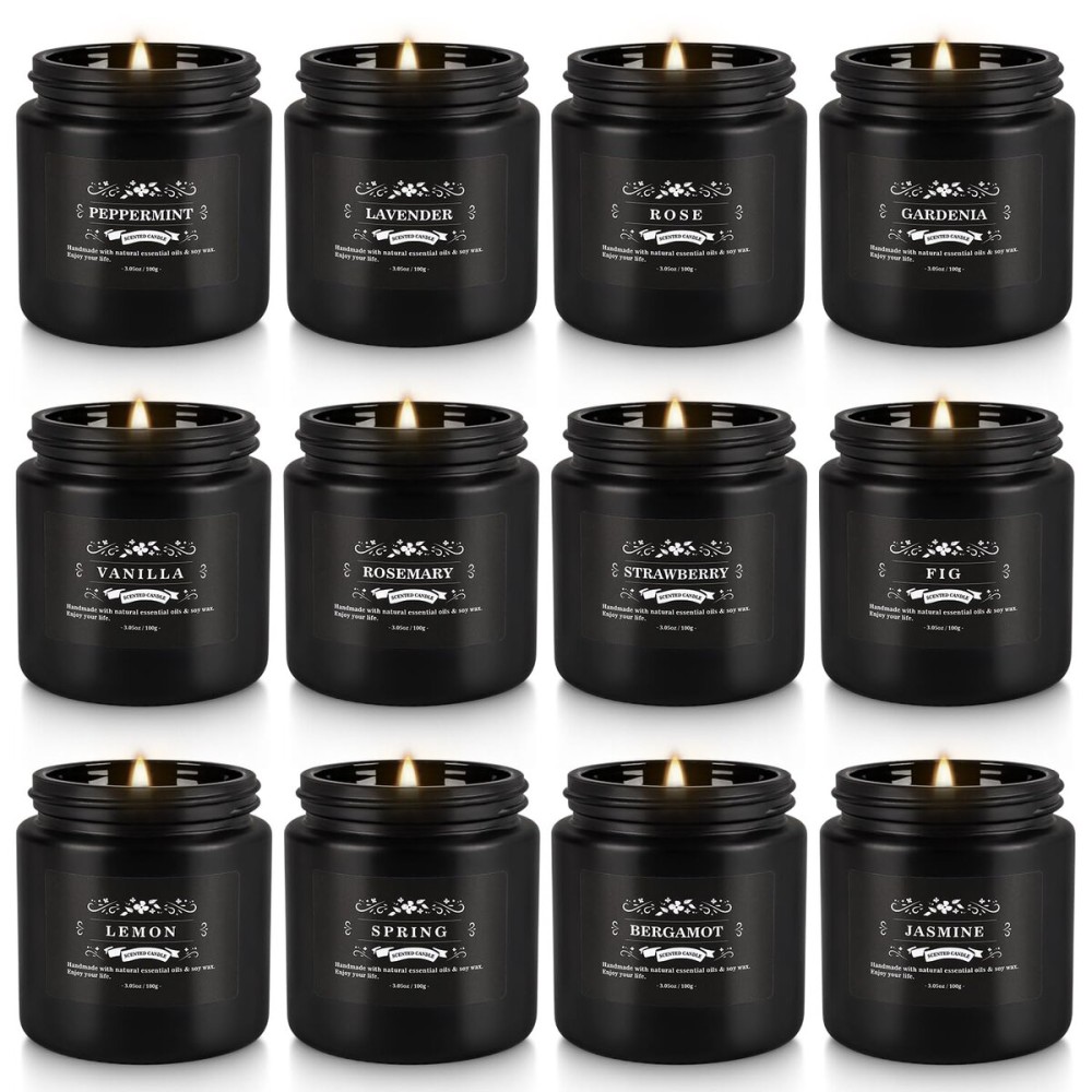 Howemon Christmas Scented Candle Set 12 Pack,Black, Candle for Home Scented, Odor Eliminating, Stress Relief, Long Lasting Soy Wax Gift Set