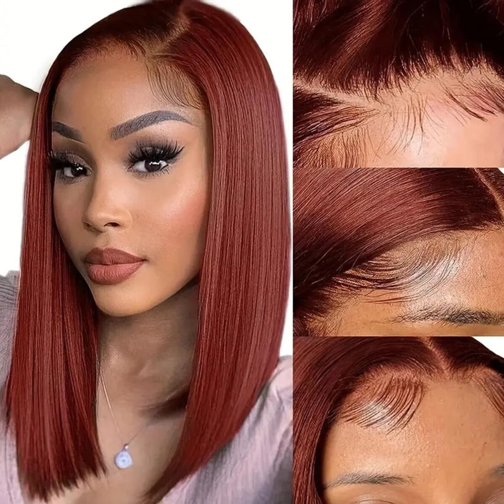 Shesbeauty Reddish Brown Short Bob Wig Human Hair Glueless Wigs Human Hair Pre Plucked 12inch Reddish Brown Lace Front Wigs 180% Density Straight Lace Front Bob Wig 13x4 Lace Frontal Wig