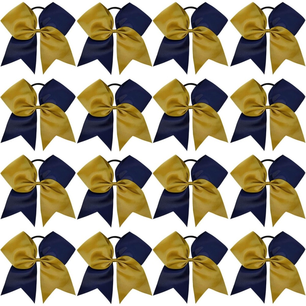 16PCS 8 Large Cheer Hair Bows Ponytail Holder Elastic Band Handmade for Cheerleading Teen Girls College Sports (Navy/Gold, 1 Count (Pack of 16))