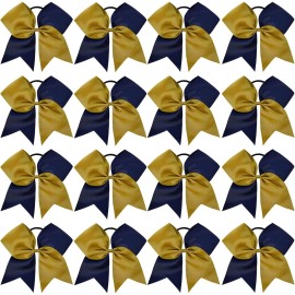 16PCS 8 Large Cheer Hair Bows Ponytail Holder Elastic Band Handmade for Cheerleading Teen Girls College Sports (Navy/Gold, 1 Count (Pack of 16))