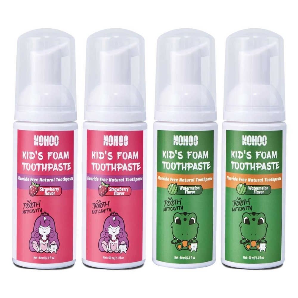 NOHOO Fluoride Free Foam Toothpaste Kids Fruit Flavour,Natural Training Toothpaste for Baby Toddler Children Oral Cleaning and Cavity Protection(2 Strawberry + 2 Watermelon)