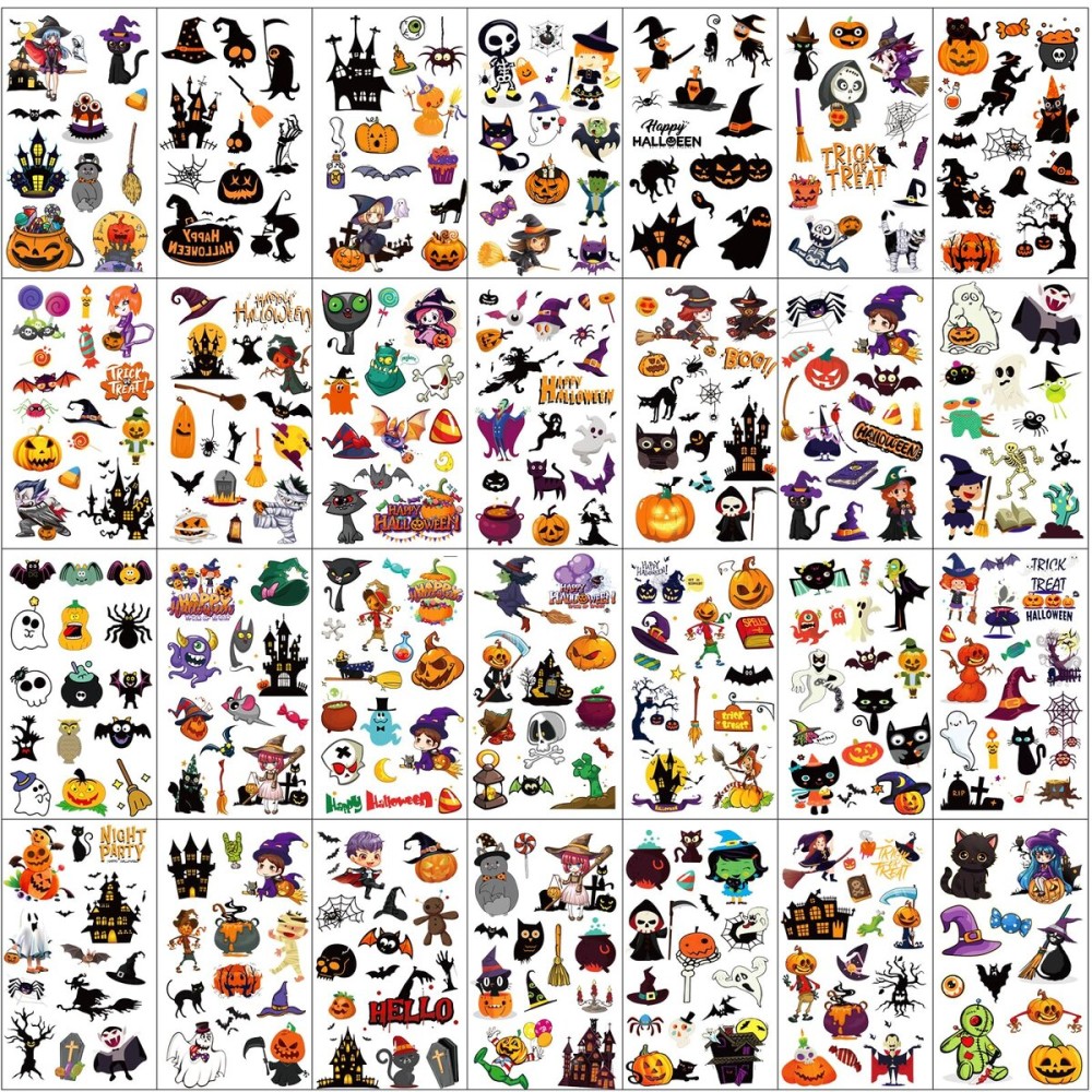 380+ PCS Halloween Temporary Tattoos for Kids, 30 Sheets Creative Design Halloween Tattoos for kids Halloween Party Decorations, Pumpkin Tattoo Stickers Halloween Gifts for kids for Halloween Makeup