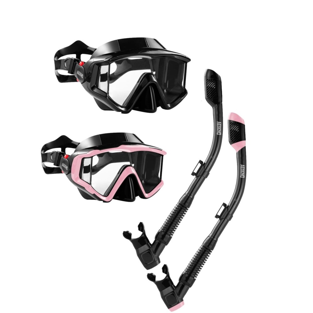 Aegend 2 Pack Snorkeling Gear for Adults, Dry Snorkel Set Panoramic View Enhanced Anti-Leak and Anti-Fog Technology, Adjustable Strap for Snorkeling Scuba Diving Swimming with Mesh Bag(Black & Pink)