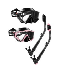 Aegend 2 Pack Snorkeling Gear for Adults, Dry Snorkel Set Panoramic View Enhanced Anti-Leak and Anti-Fog Technology, Adjustable Strap for Snorkeling Scuba Diving Swimming with Mesh Bag(Black & Pink)