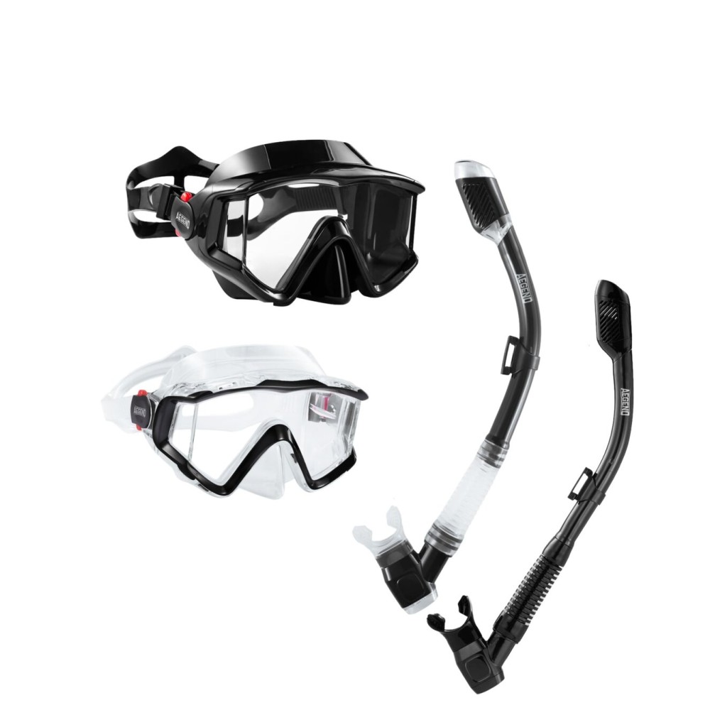 Aegend 2 Pack Snorkeling Gear for Adults, Dry Snorkel Set Panoramic View Enhanced Anti-Leak and Anti-Fog Technology, Adjustable Strap for Snorkeling Scuba Diving with Mesh Bag(Black&Clear Black)