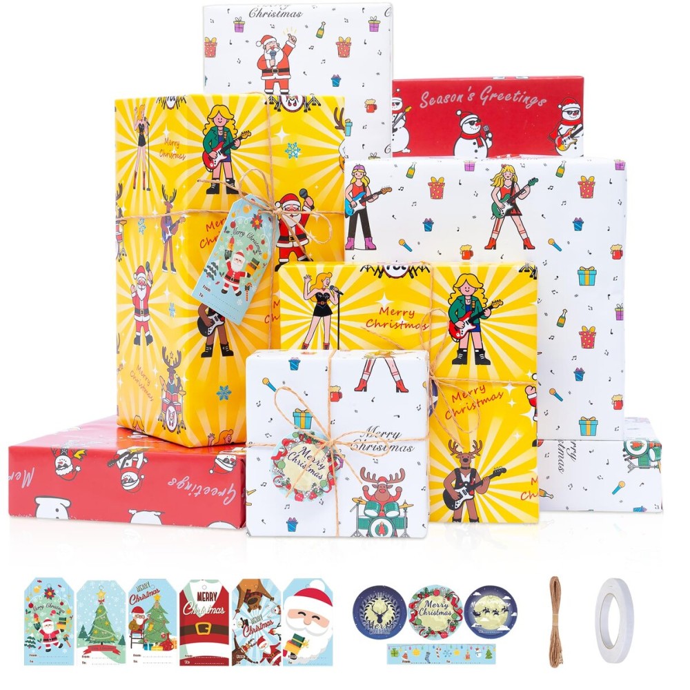 Larcenciel Music Christmas Gift Wrapping Paper Set with Xmas Gift Tags Twine & Tape, 6 Sheets Colorful Holiday Wrapping Paper, Rock Santa Snowman and Reindeer Design for Boy, Girly, Coworker, Friends