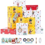 Larcenciel Music Christmas Gift Wrapping Paper Set with Xmas Gift Tags Twine & Tape, 6 Sheets Colorful Holiday Wrapping Paper, Rock Santa Snowman and Reindeer Design for Boy, Girly, Coworker, Friends