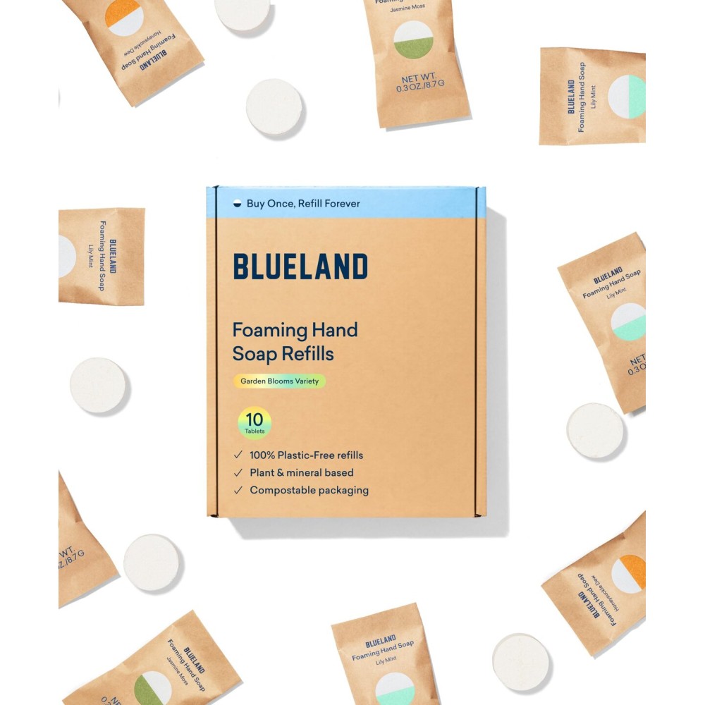 BLUELAND Foaming Hand Soap Refill Tablets, 10-Pack, Garden Blooms Variety Scents, Eco Friendly Cleaning Products, 10 x 9 Fl oz