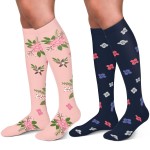 30-40mmHg Medical Graduated Compression Socks for Women&Men Circulation-Compression Stockings-Knee High Socks for Support,Hiking,Running(2 Pack Navy Pink Flowers,L-XL)